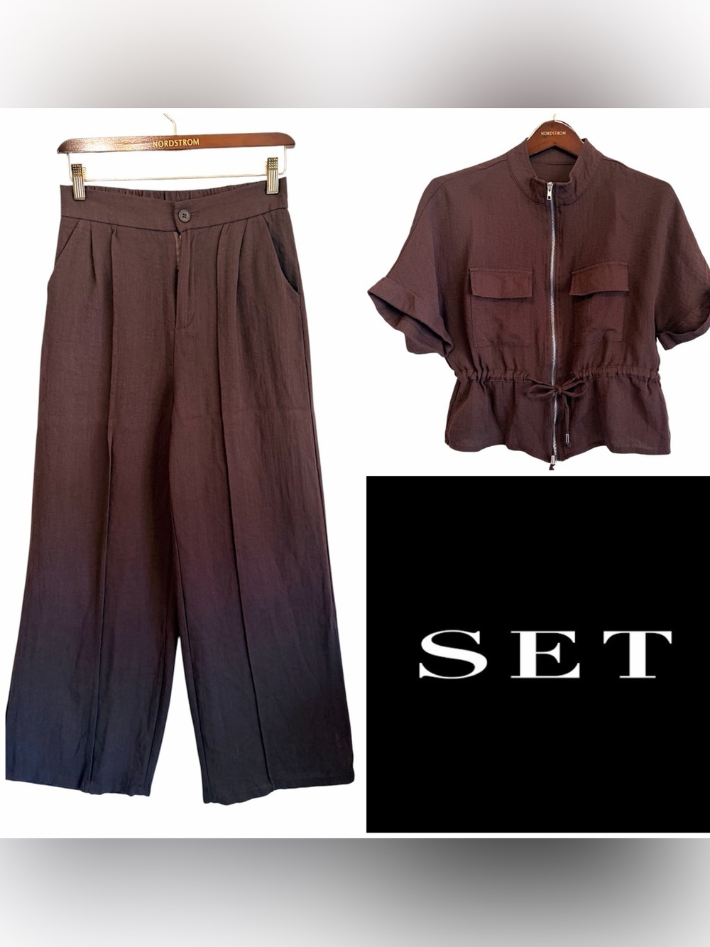 ManMan linen blend Set Coordinates chocolate brown size M boutique Set wide leg